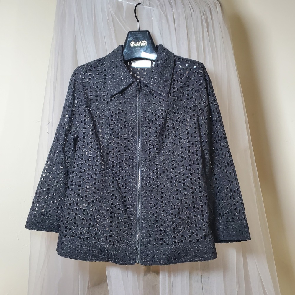 Bleu‎ Bayou Black Eyelet Cottage Boho Full Zip Jacket Twee Feminine XL Cotton